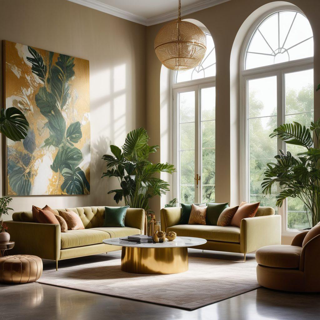 A stunning interior space showcasing elegant design trends, featuring a harmonious blend of modern furniture, lush plants, and artistic decor. Soft natural light filters through large windows, highlighting unique textures and color palettes. Delicate accents like gold and marble add a touch of luxury, while stylish accessories reflect contemporary aesthetics. The overall atmosphere exudes sophistication and beauty. super-realistic. vibrant colors. soft focus.
