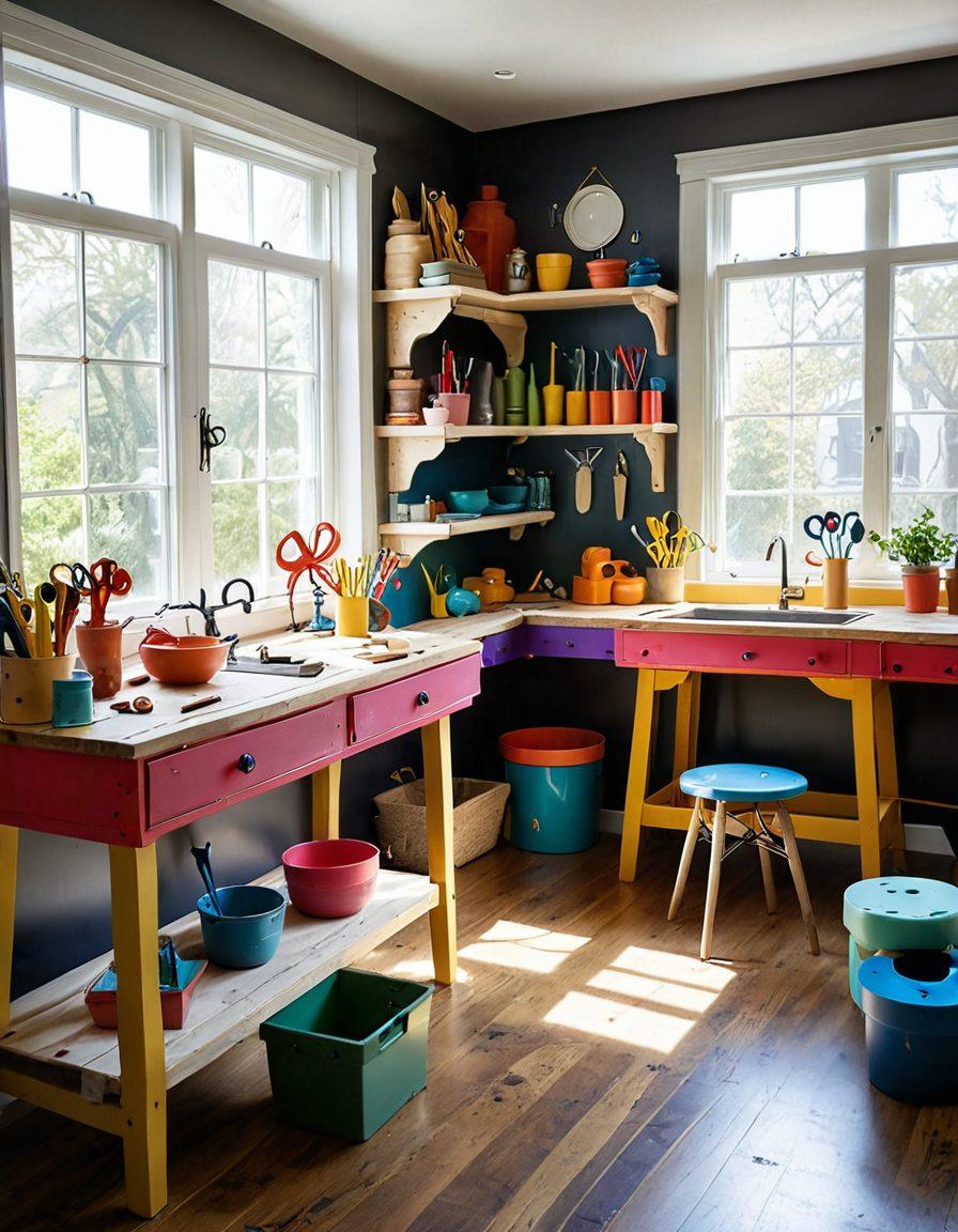 A whimsical workshop filled with colorful tools and materials, showcasing unique and charming design creations. Elements like handcrafted furniture, inventive decor, and eye-catching prototypes should be adorned with playful splashes of color. In the background, a large window lets in natural light, casting soft shadows of the designs. This setting embodies creativity and innovation, inviting viewers to explore new concepts. vibrant colors. super-realistic.