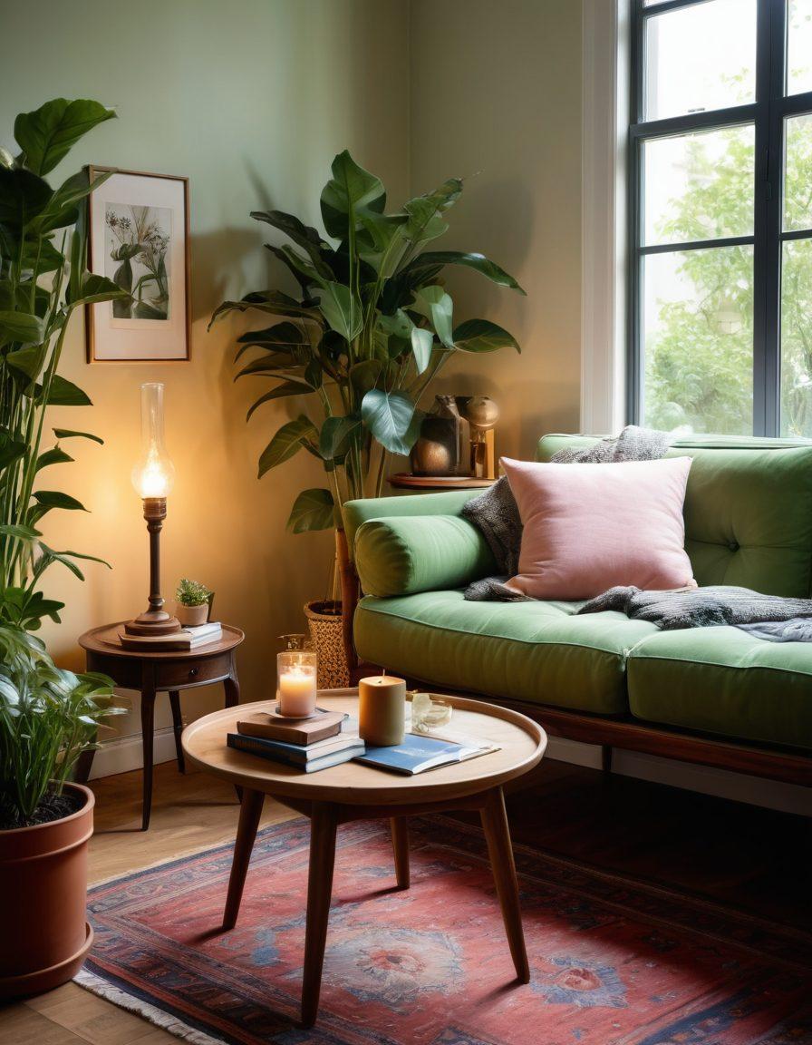 A beautifully styled interior scene showcasing a harmonious blend of modern and vintage aesthetics, featuring elegant furniture, lush plants, and artistic decor elements, all bathed in warm, natural light. Highlight a cozy reading nook with plush cushions and a small table, adorned with decorative items. Capture the essence of transformation and artistry in home decor. super-realistic. vibrant colors. soft lighting.